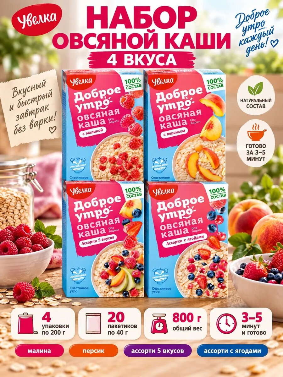 Овсяная каша Увелка Доброе утро, набор вкусов: малина, персик, ассорти 5 вкусов, ассорти с ягодами