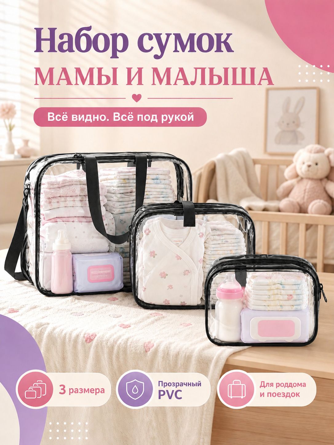 Готовая сумка в роддом для мамы и малыша, прозрачный набор , 3 сумки