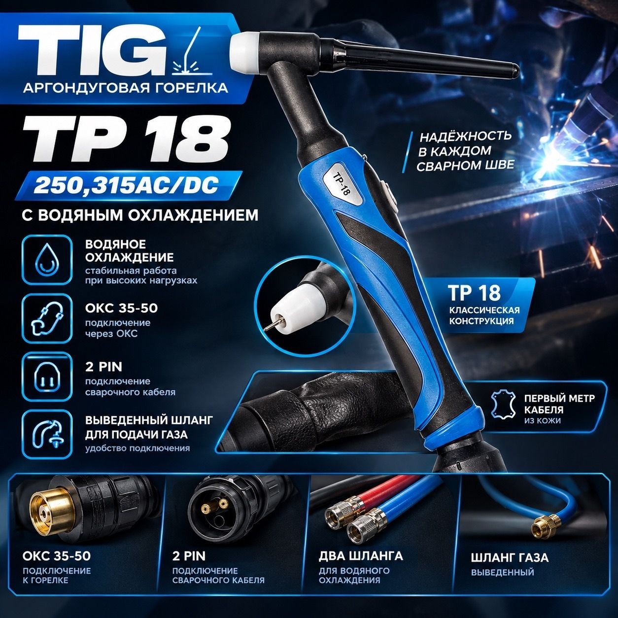 Горелка TIG TP 18 (250,315AC/DC) 8м водяное охлаждение TBW1808-02