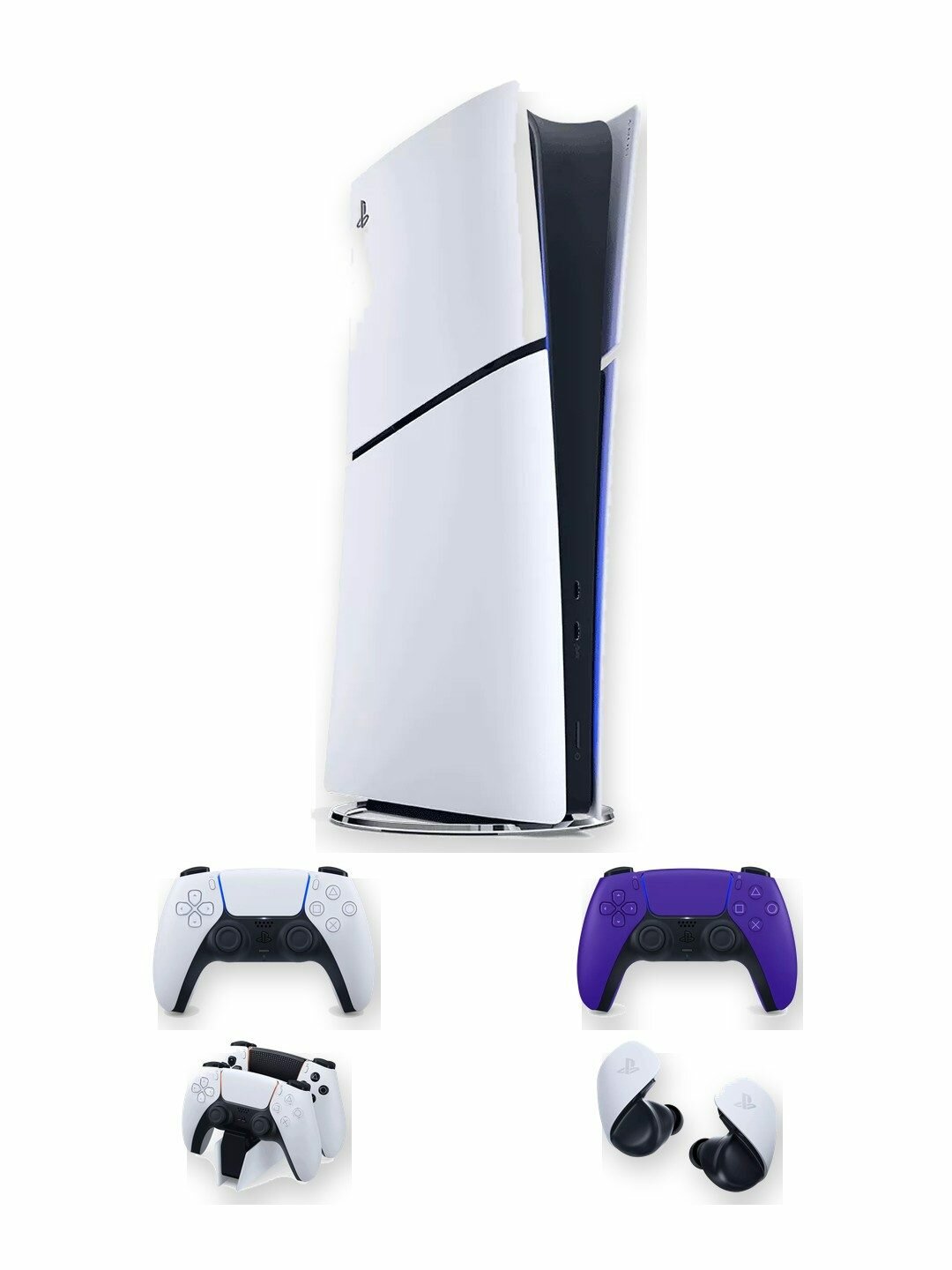 Игровая приставка Sony PlayStation 5 Slim Digital Edition 1 ТБ без дисковода, белая, японская версия + 2-й геймпад DualSense Galactic Purple + зарядная станция + наушники Pulse Explore