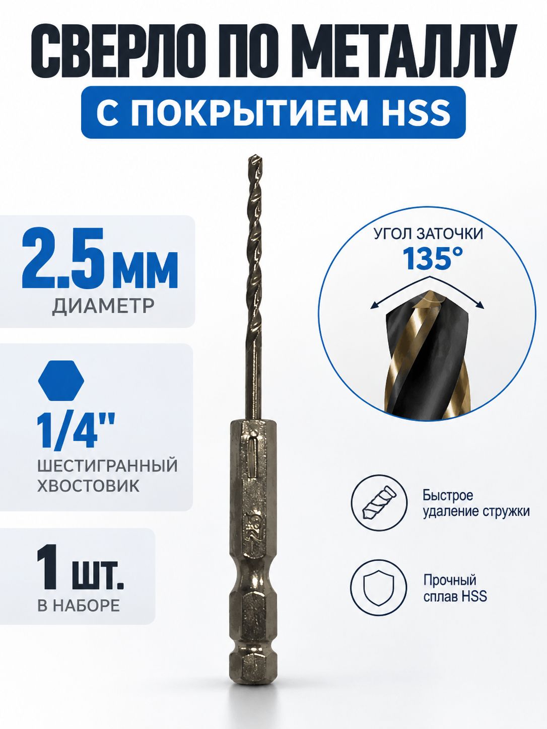 Набор сверл HSS с нитридным покрытием, хвостовик 1/4 дюйма, 13 предметов, размеры 1.5-6.5 мм, для дерева, металла и пластика