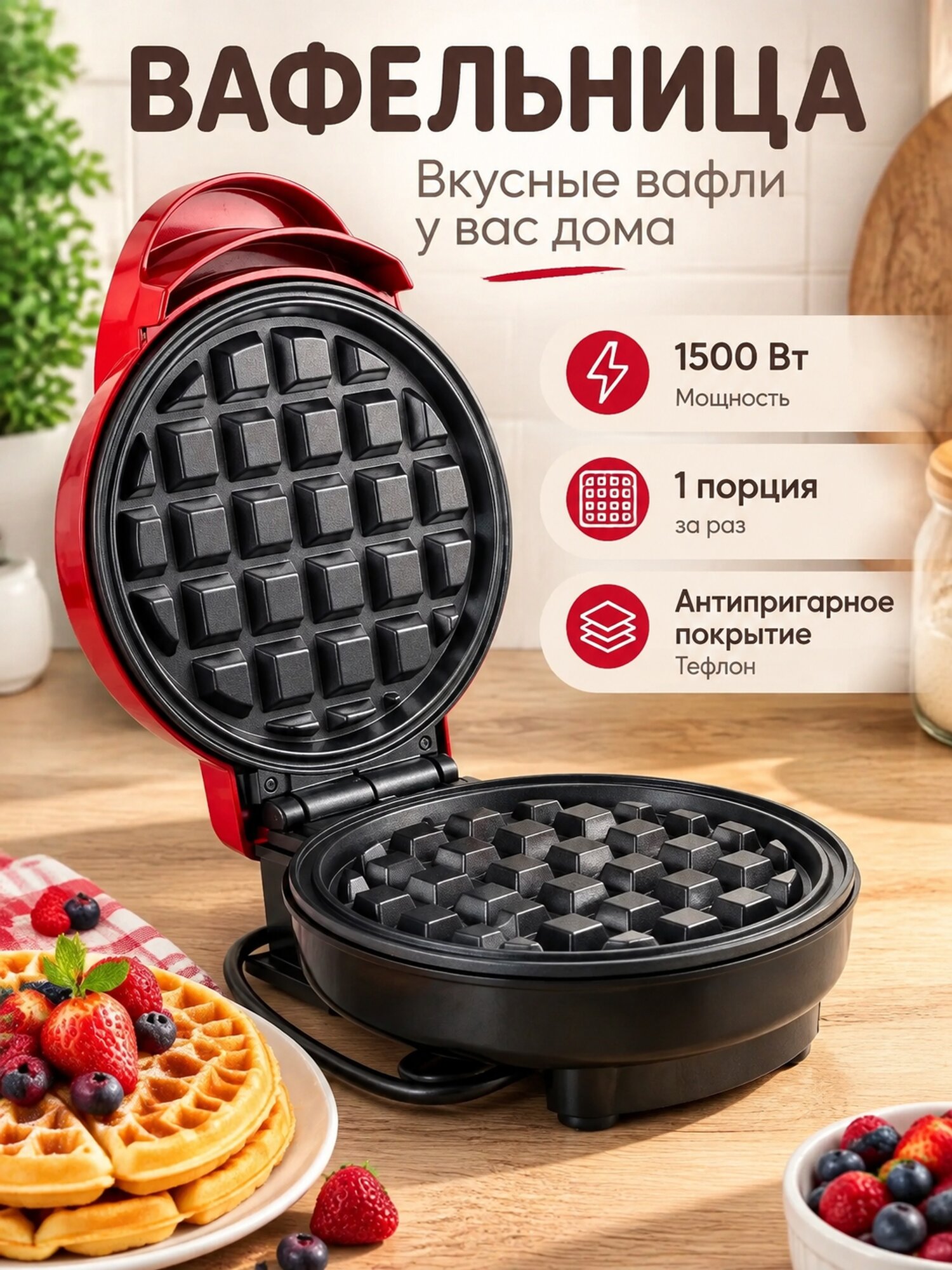 Красная круглая вафельница на 1 порцию, 1500 Вт, с антипригарным покрытием