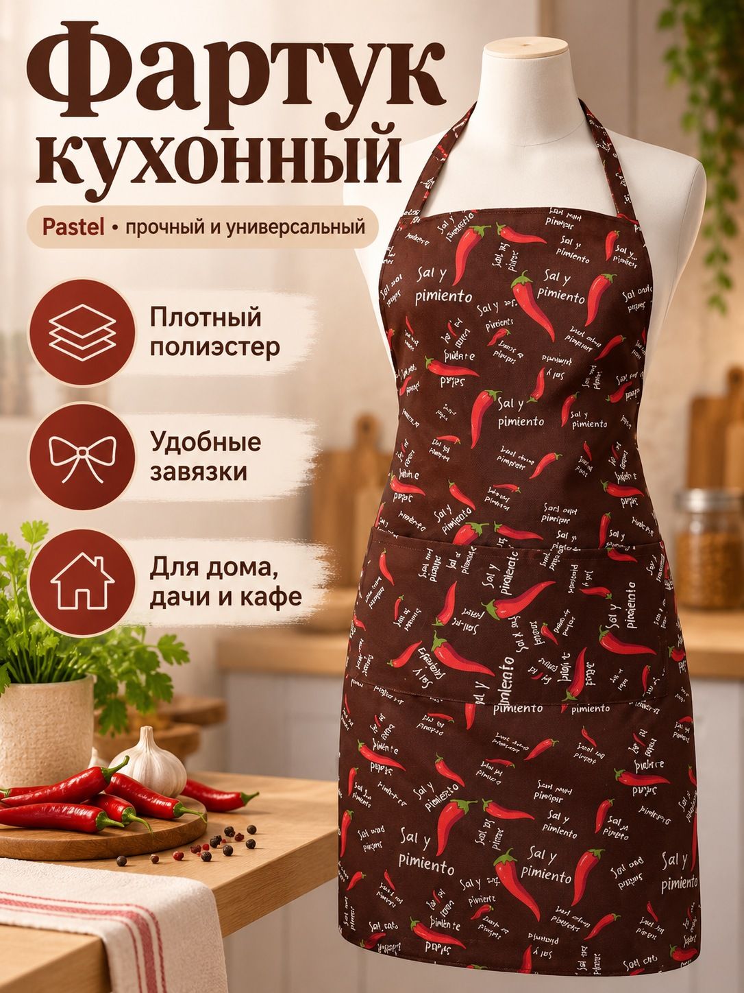 Фартук кухонный, полиэстер, Pastel прочный универсальный, для кухни хозяйственный для готовки