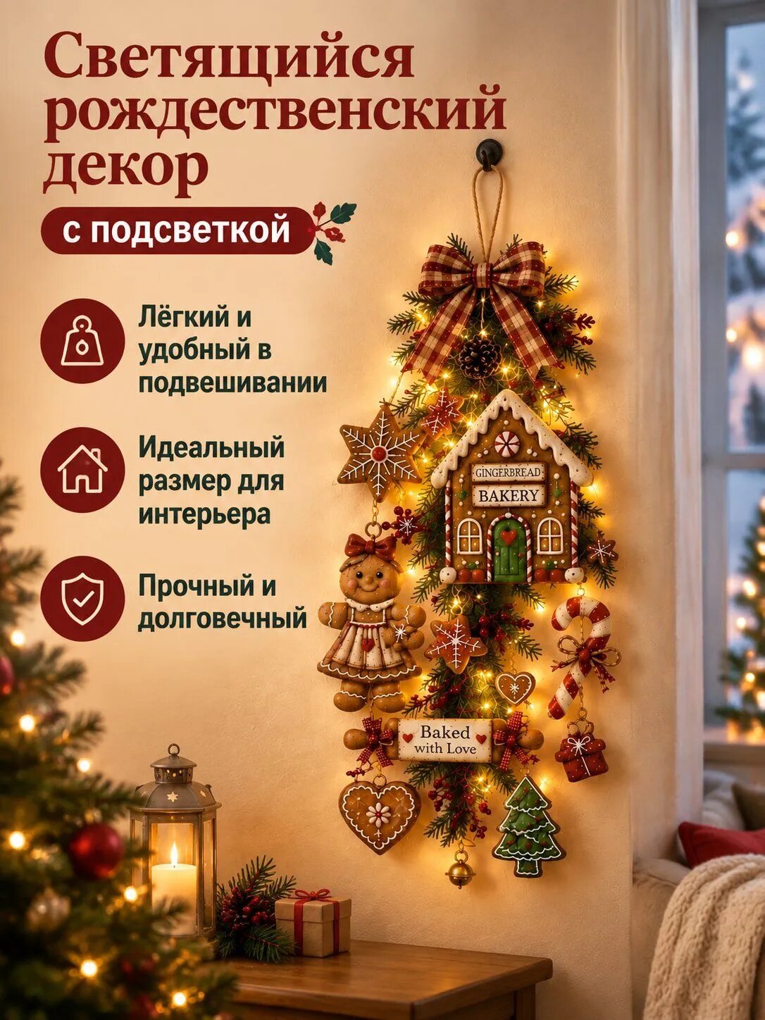 Светящееся рождественское украшение на стену Gingerbread Bakery, 40x20 см: фигурка девочки-пряника, домик, елка и конфеты с теплой LED-подсветкой