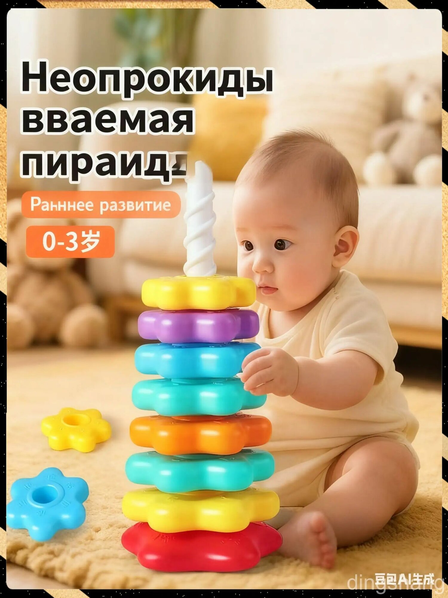 Пирамидка развивающая Радужная башня, 9 колец, сортер для малышей от 0 до 3 лет