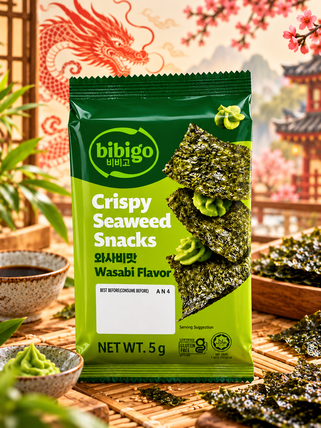 Морская капуста обжаренная CJ Bibigo со вкусом васаби 5 г, Южная Корея