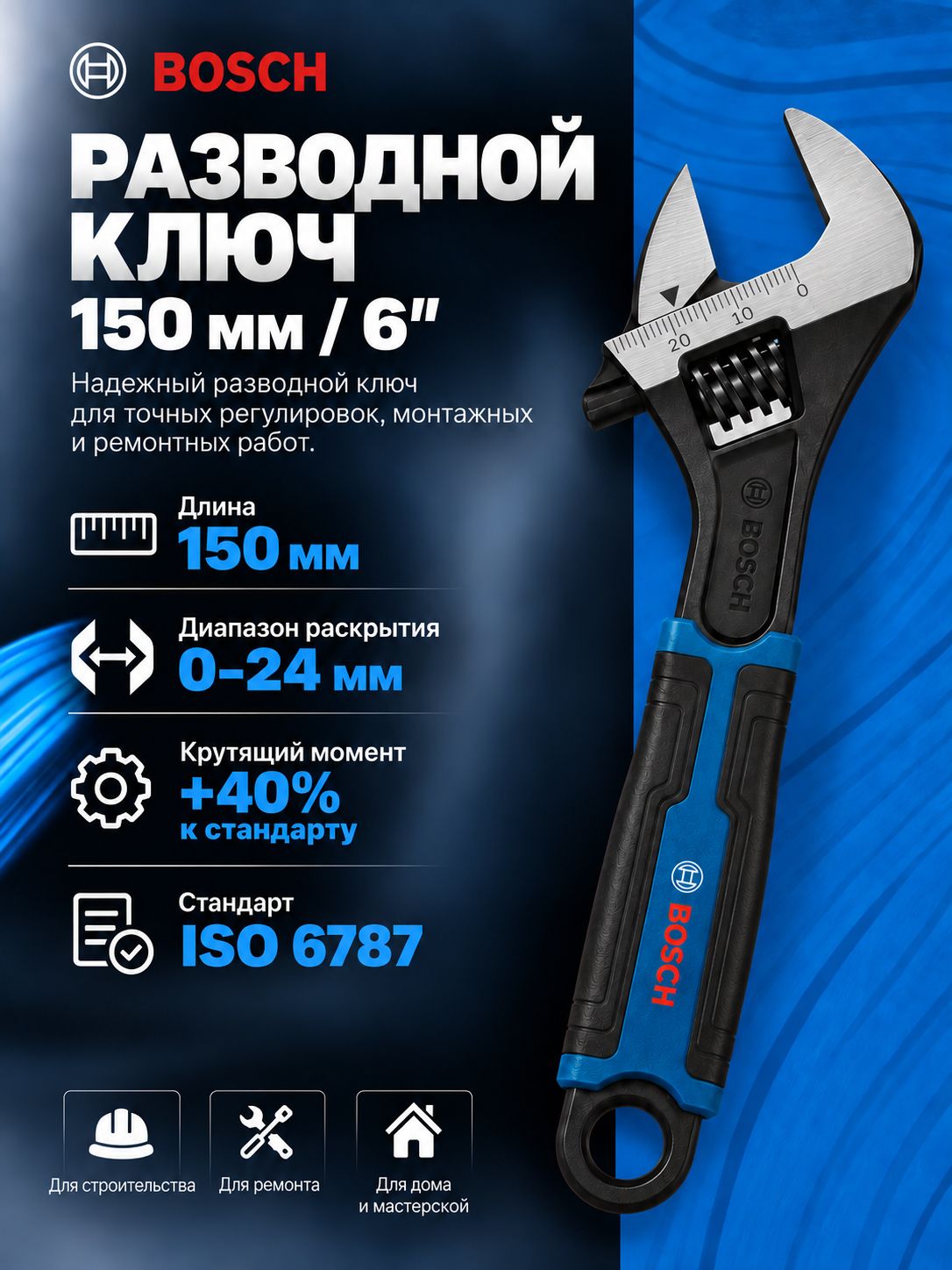 Разводной ключ для работы на высоте Bosch Professional 150 мм, 0-24 мм, с отверстием для крепления, 1600A03B65