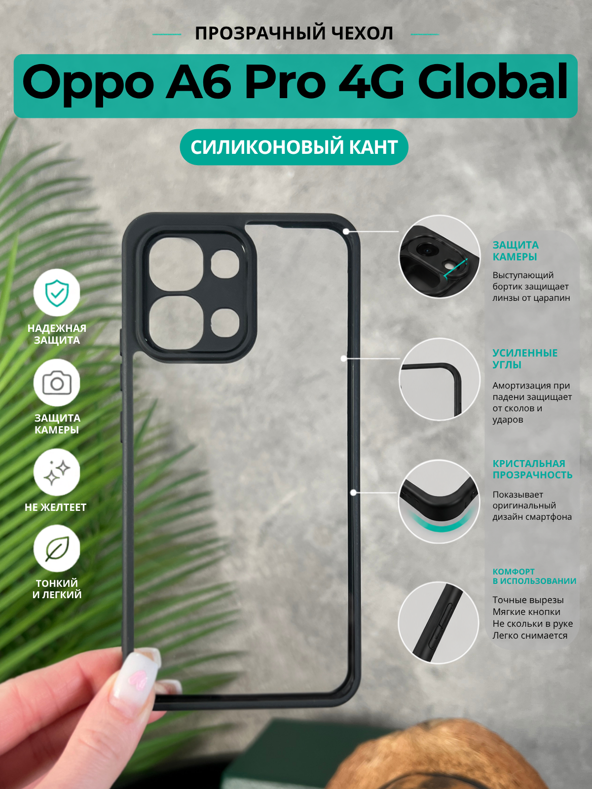 Чехол на Oppo A6 Pro 4G Global / Оппо А6 Про 4G Глобал прозрачный с силиконовым кантом Crystal Case (Чёрный)