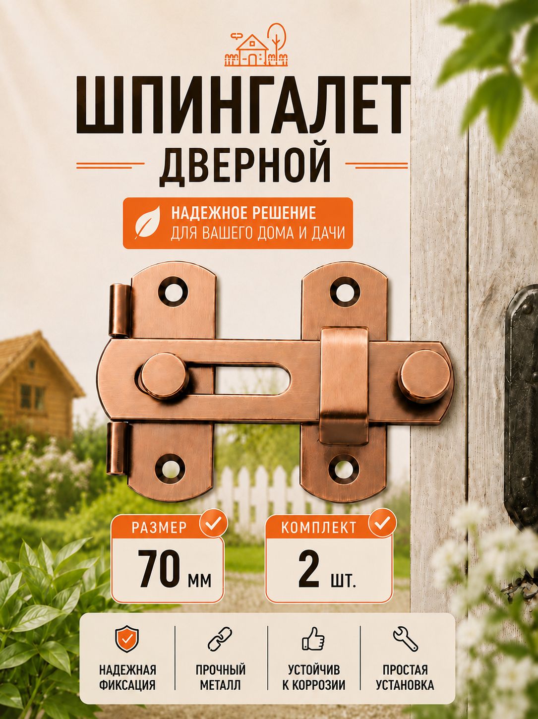 Шпингалет накладной / Засов дверной / Задвижка накладная дверная, 2шт, бронза 70мм