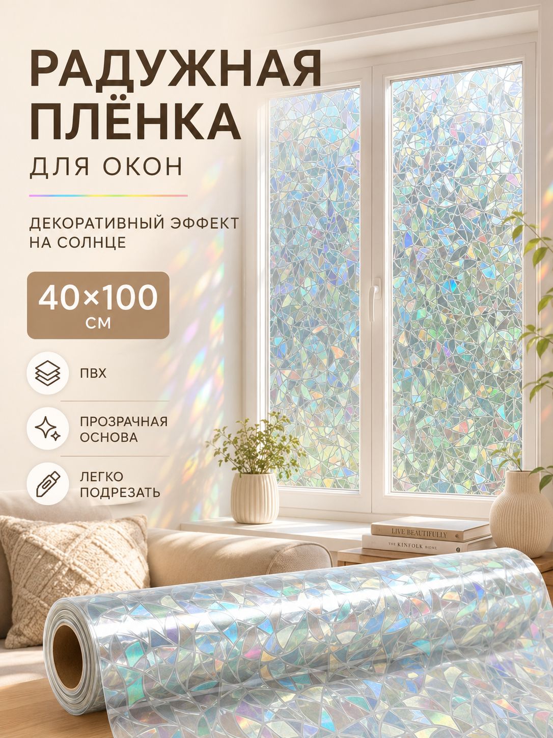 Декоративная радужная ПВХ-плёнка для окон и стекла 40*100 см, самоклеящаяся