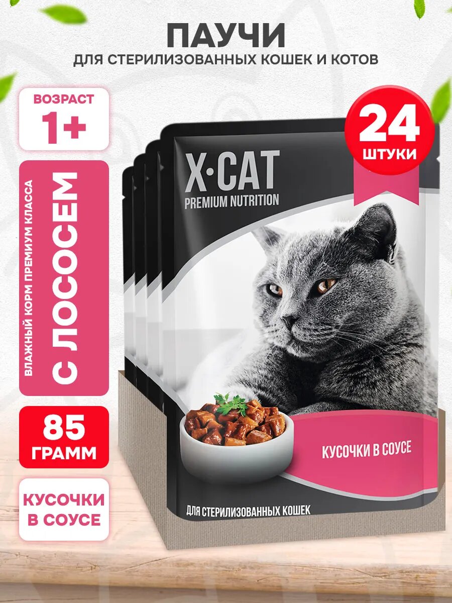 Корм влажный X-Cat для взрослых кастрированных котов и стерилизованных кошек, лосось в соусе, 85 г 24 шт