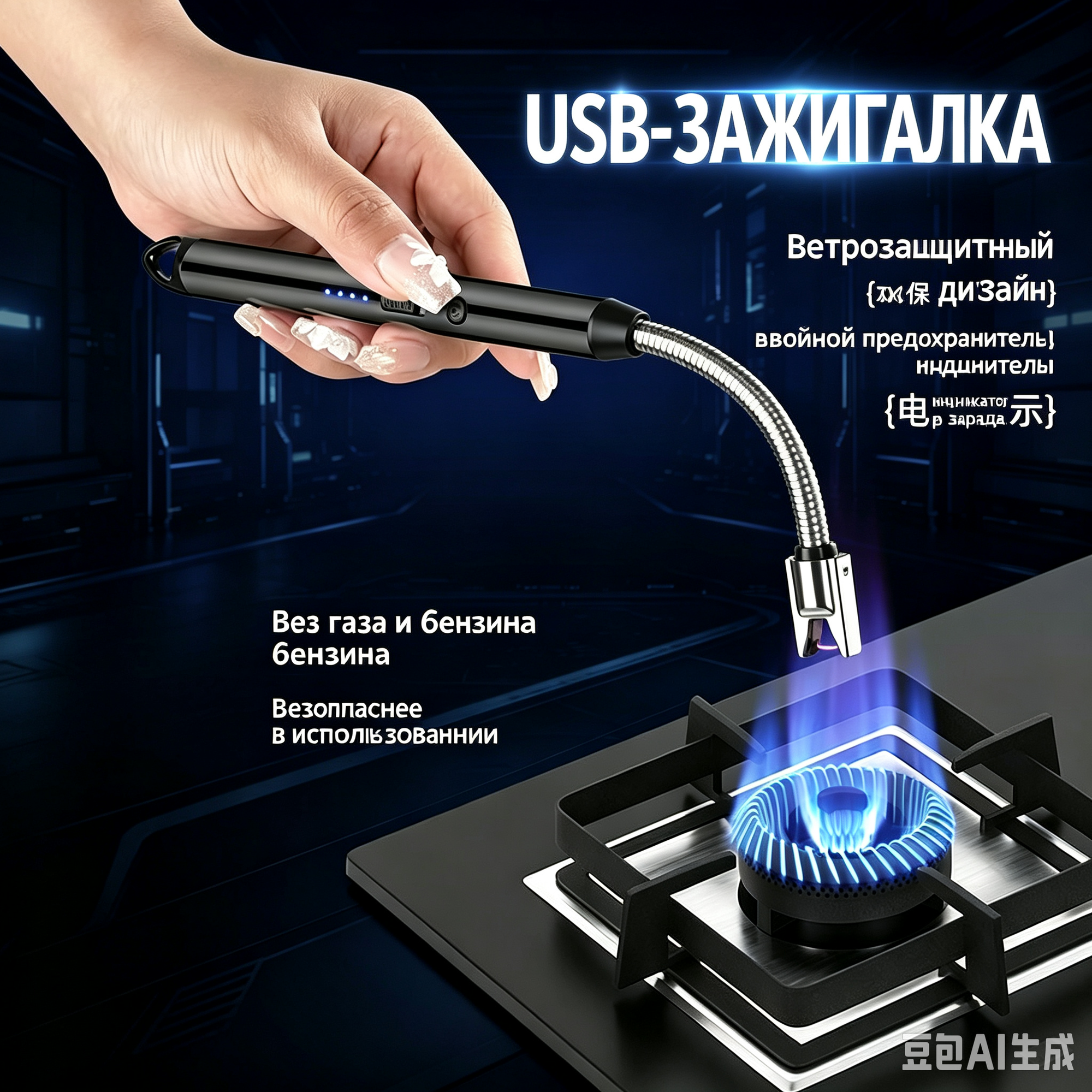 USB‑зажигалка с гибкой шейкой 720°, Type‑C, индикатор заряда, черная, 1 шт.