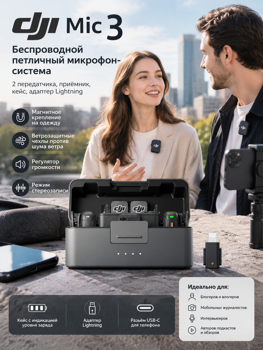 Петличный беспроводной микрофон-система: 2 передатчика, приёмник, кейс, адаптер Lightning