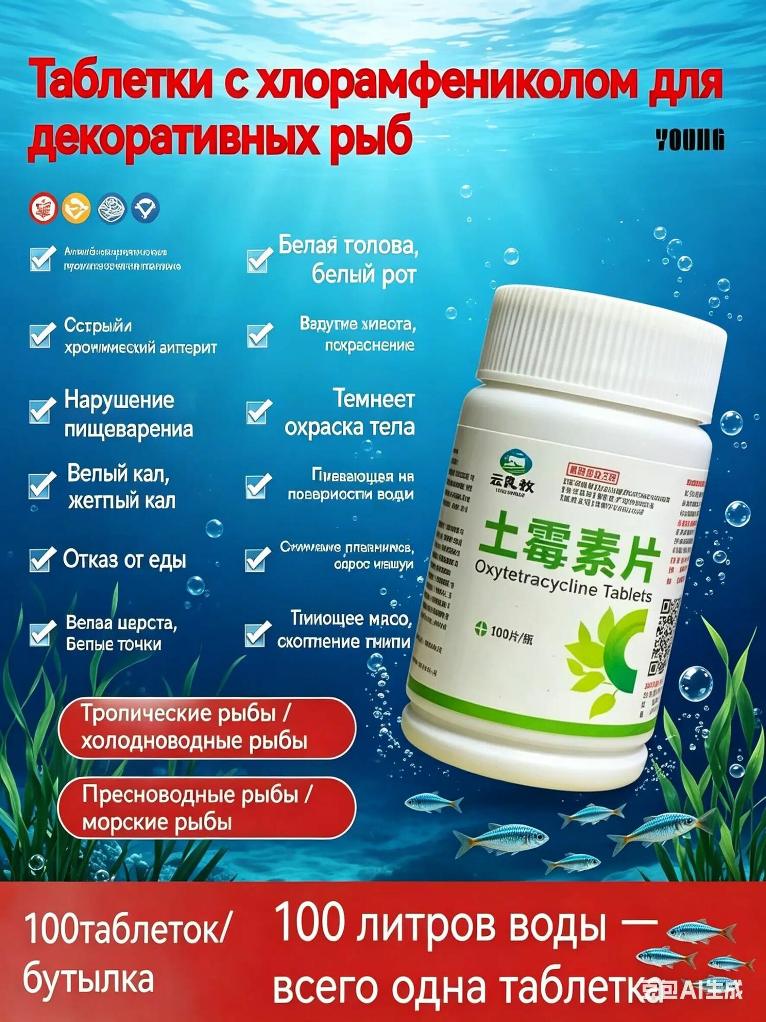 Антибиотик для аквариума, 100 шт