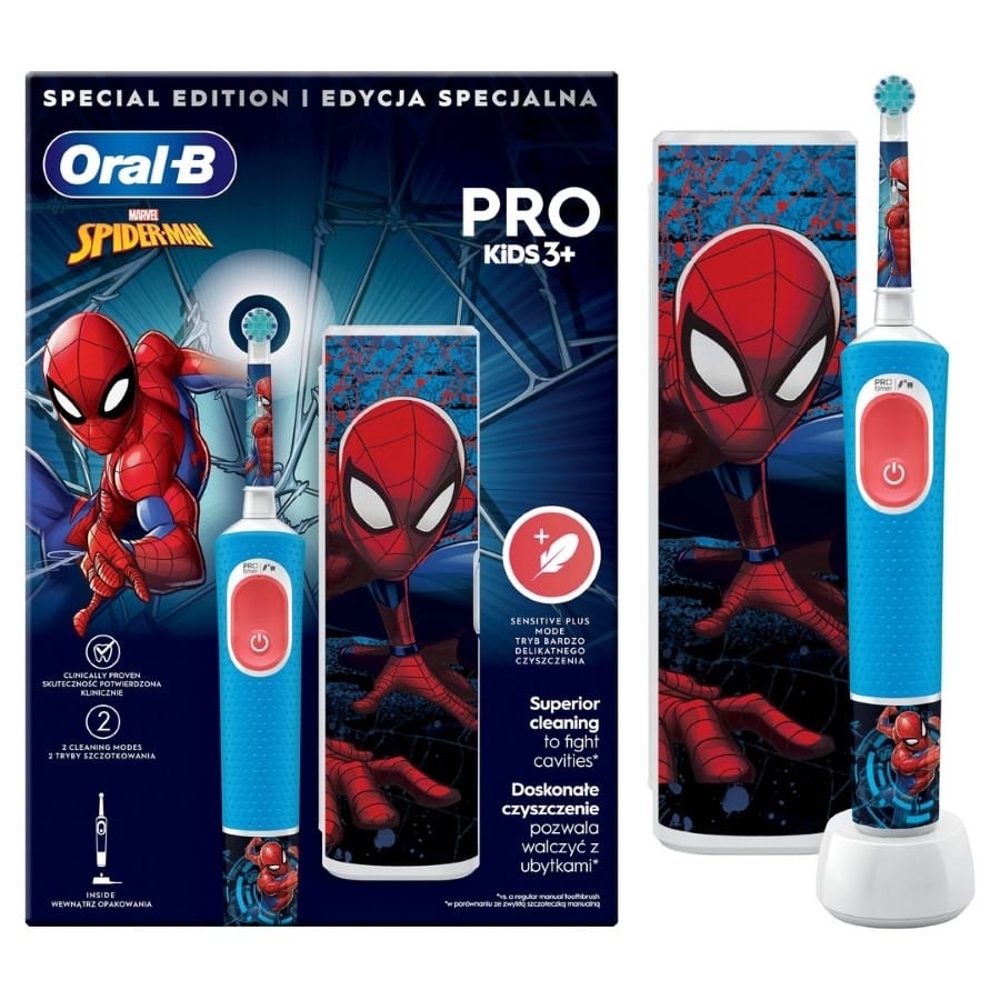 Электрическая зубная щетка Oral-B Kids Spider-Man, набор с дорожным чехлом, красный