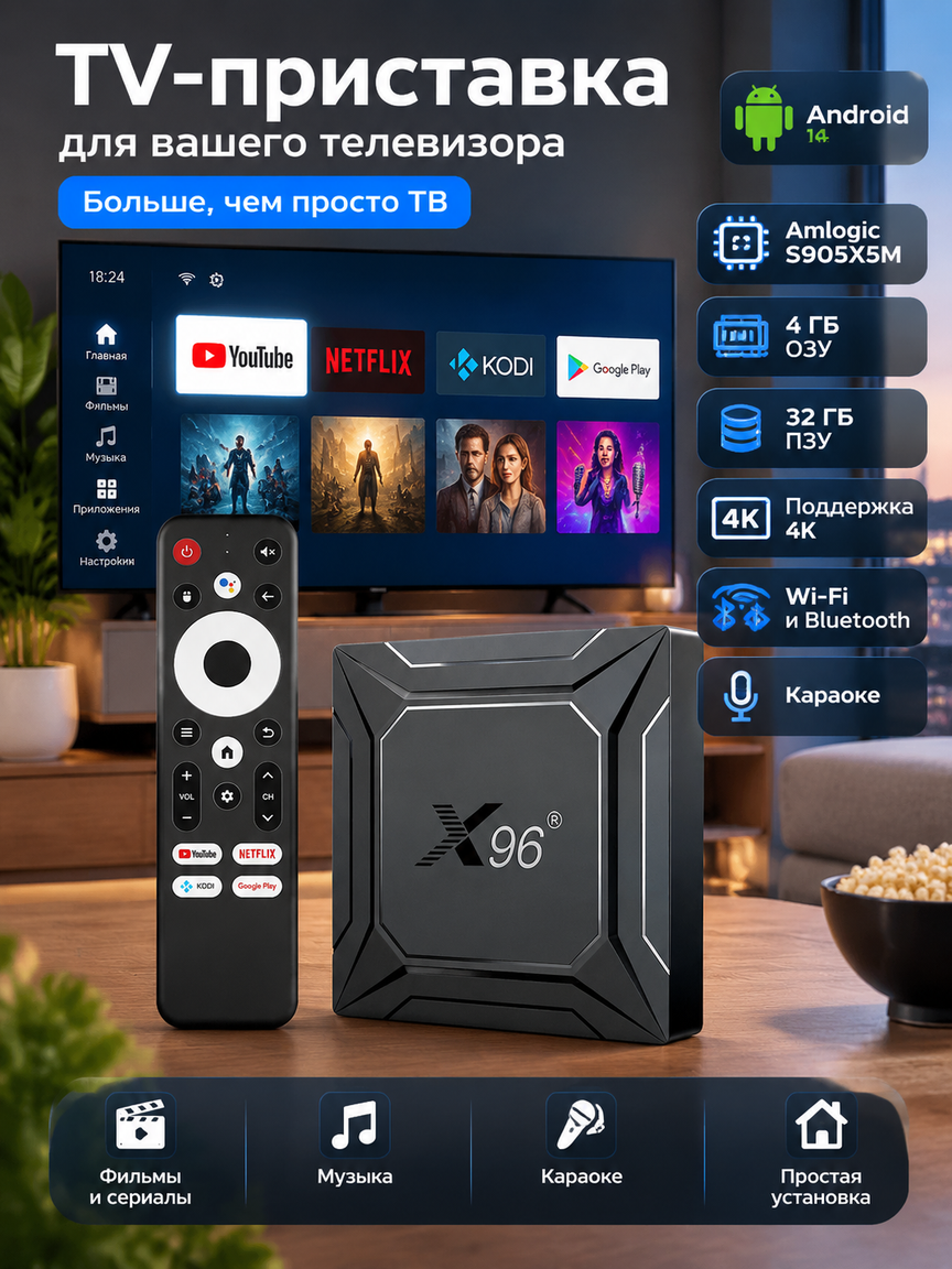 ТВ-бокс на Android 14 с чипом S905X5M, 4 ГБ ОЗУ, 32 ГБ ПЗУ, караоке, Wi-Fi, пульт в комплекте