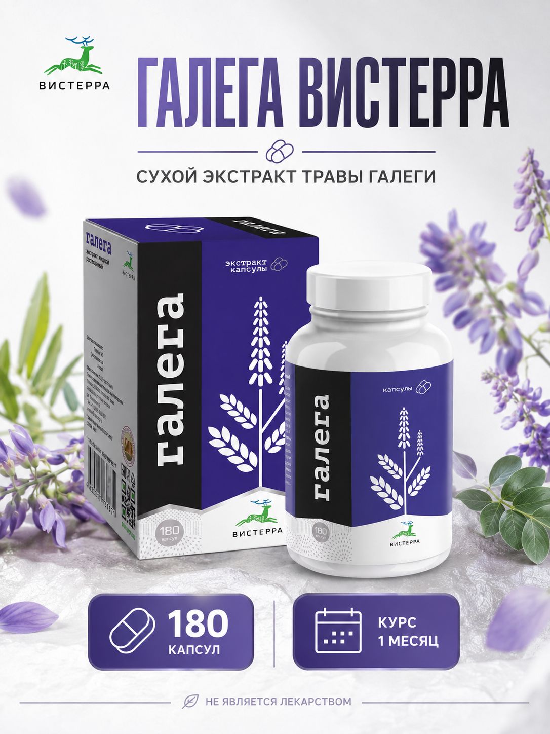 Галега экстракт для нормализации сахара в крови и лактации, Вистерра, капсулы, поддержка гликемии, 180 капсул