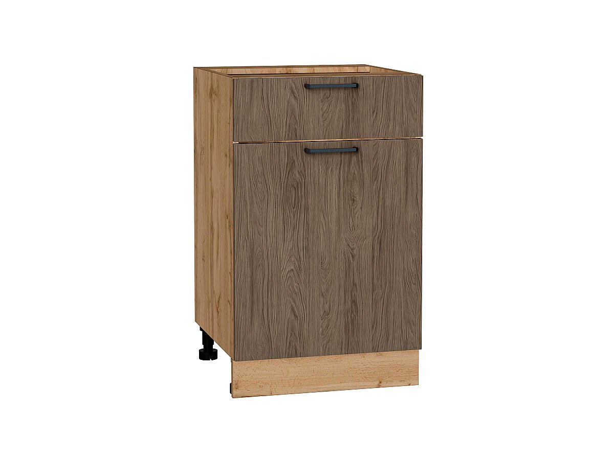 Шкаф нижний с 1-ой дверцей и ящиком Флэт, цвет фасада Brown Casella Oak 2S, цвет каркаса Дуб Вотан, 816*500*478 (В*Ш*Г) мм