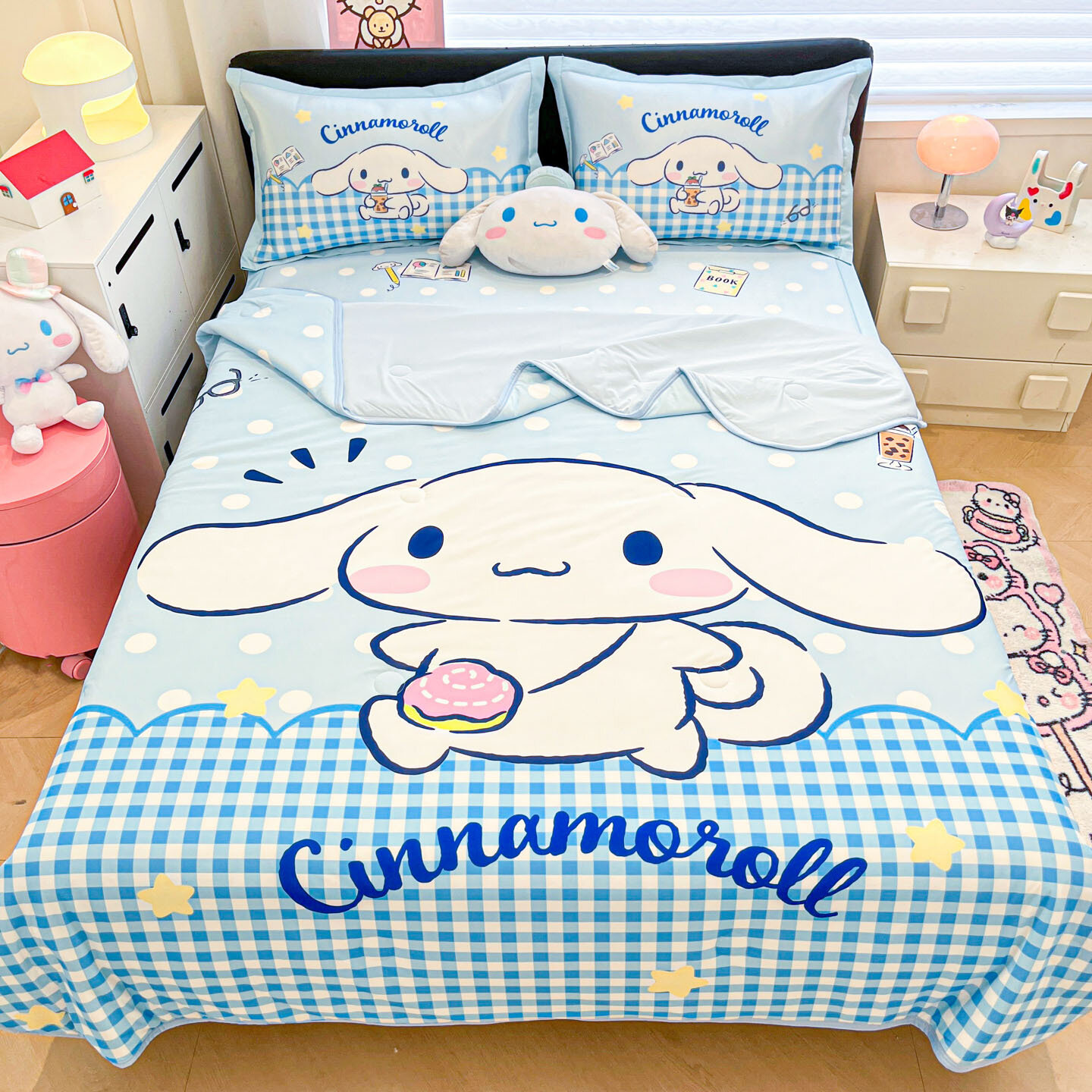 Летнее одеяло Sanrio Радостный Cinnamoroll 150x200см Охлаждающее Шелковое Цифровая Печать Стирка Кондиционерное Одеяло