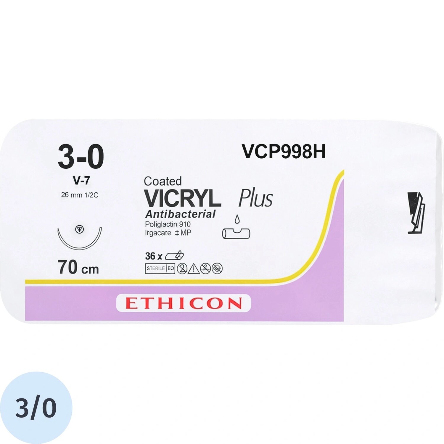 Ethicon Шовный материал хирургический рассасывающийся Ethicon Викрил плюс USP 10 70 см колюще-режущая игла 45 мм 1/2 VCP998H (36 штук в упаковке)