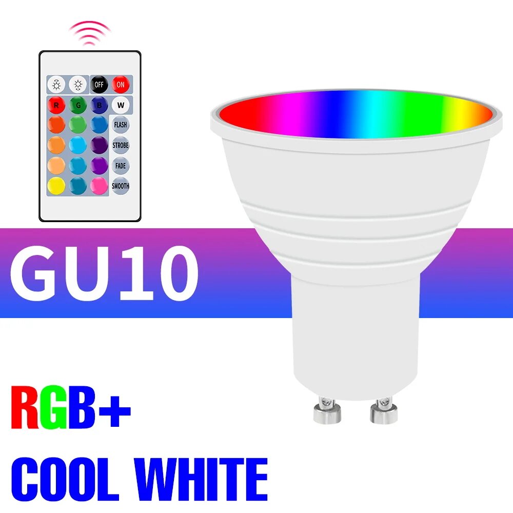 RGB GU10 лампа с пультом, холодный белый свет