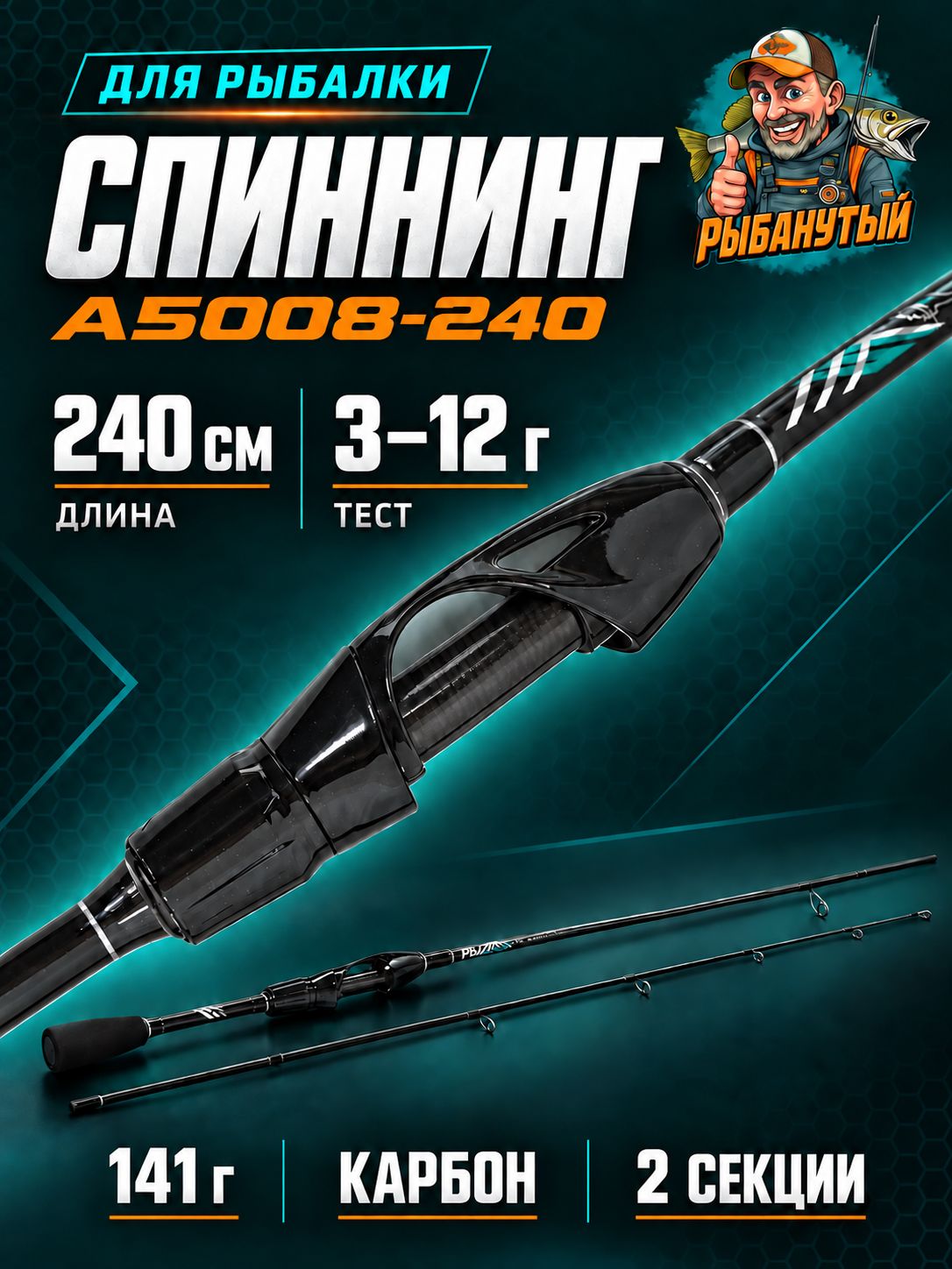 Спиннинг на хищную рыбу BLACK CAT 240 см (тест 3-12 г) для окуня, щуки, судака (Рыбанутый)