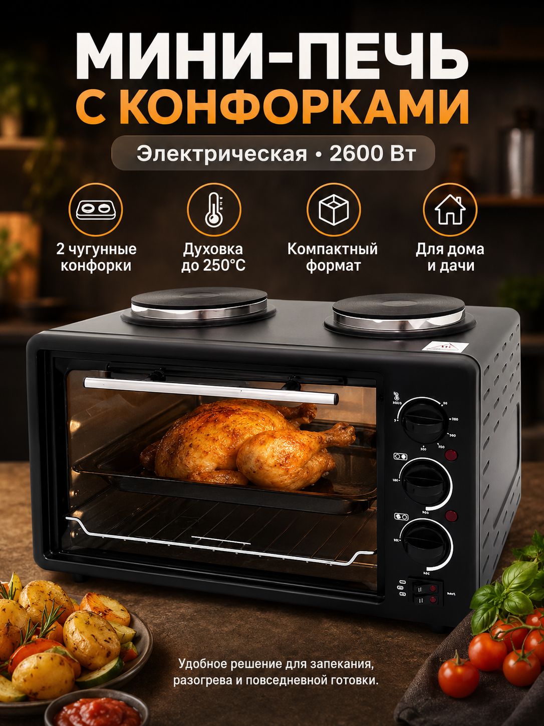 Мини-печь Электрическая 38л 2600Вт черная