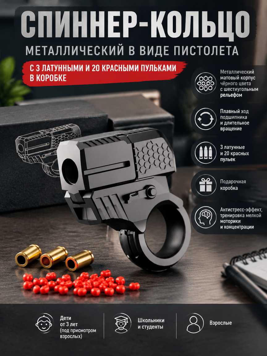 Спиннер-кольцо металлический в виде пистолета, 3 латунные и 20 красных пулек, в коробке, антистресс