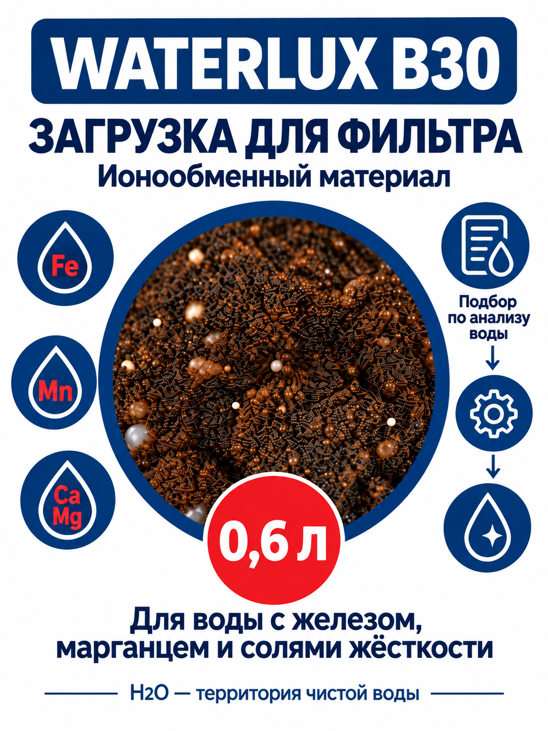 Ионообменная смола Waterlux B30 для умягчения и обезжелезивания воды, 0,6 л