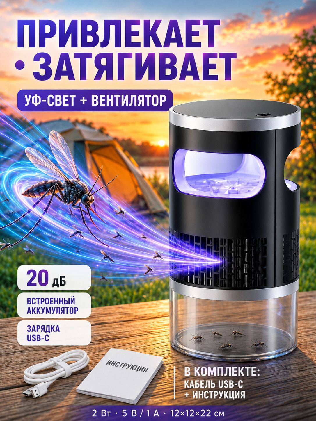 Ловушка для комаров, Электрическая ловушка для комаров с УФ-светом, аккумуляторная лампа-уничтожитель насекомых USB Type-C для дома и дачи
