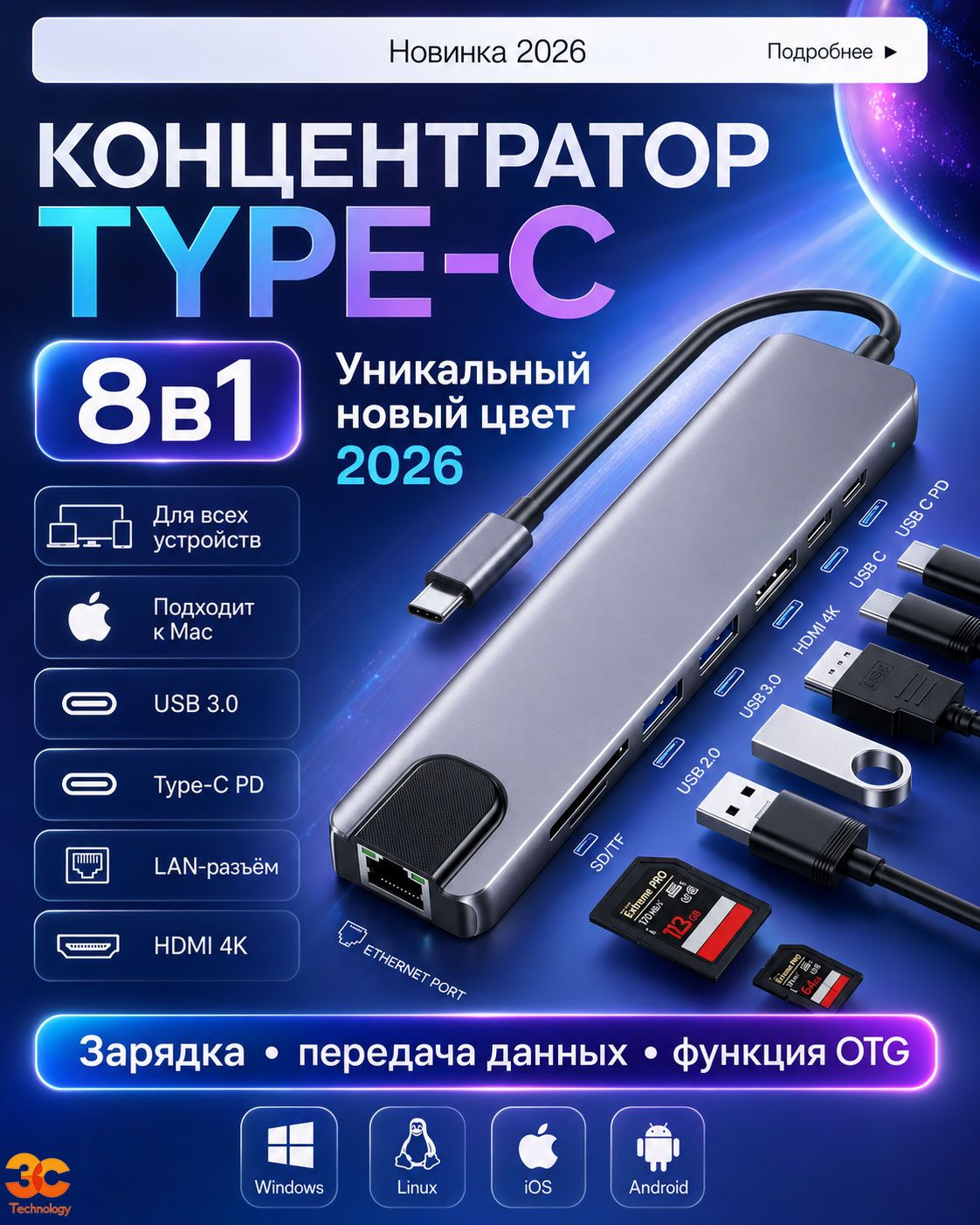 USB HUB 8 в 1 Type-C концентратор, разветвитель для ноутбука и MacBook, HDMI 4K, RJ-45 Ethernet, PD 87 Вт, SD/TF