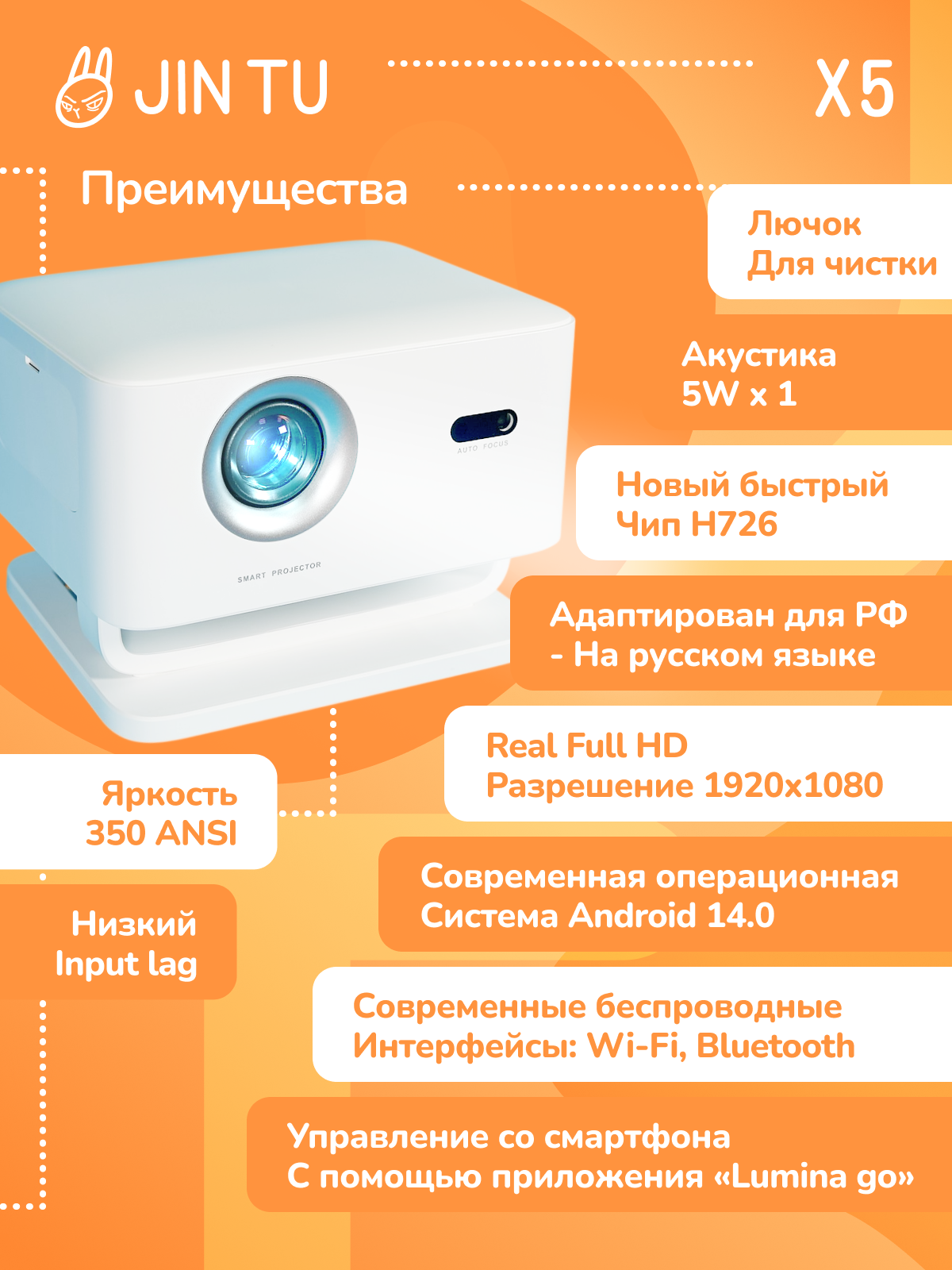 Проектор JIN TU X5 для фильмов. Real Full HD. Яркость 350 ANSI. Android 14. Интерфейс разработан для России. Смотри видео обзор.