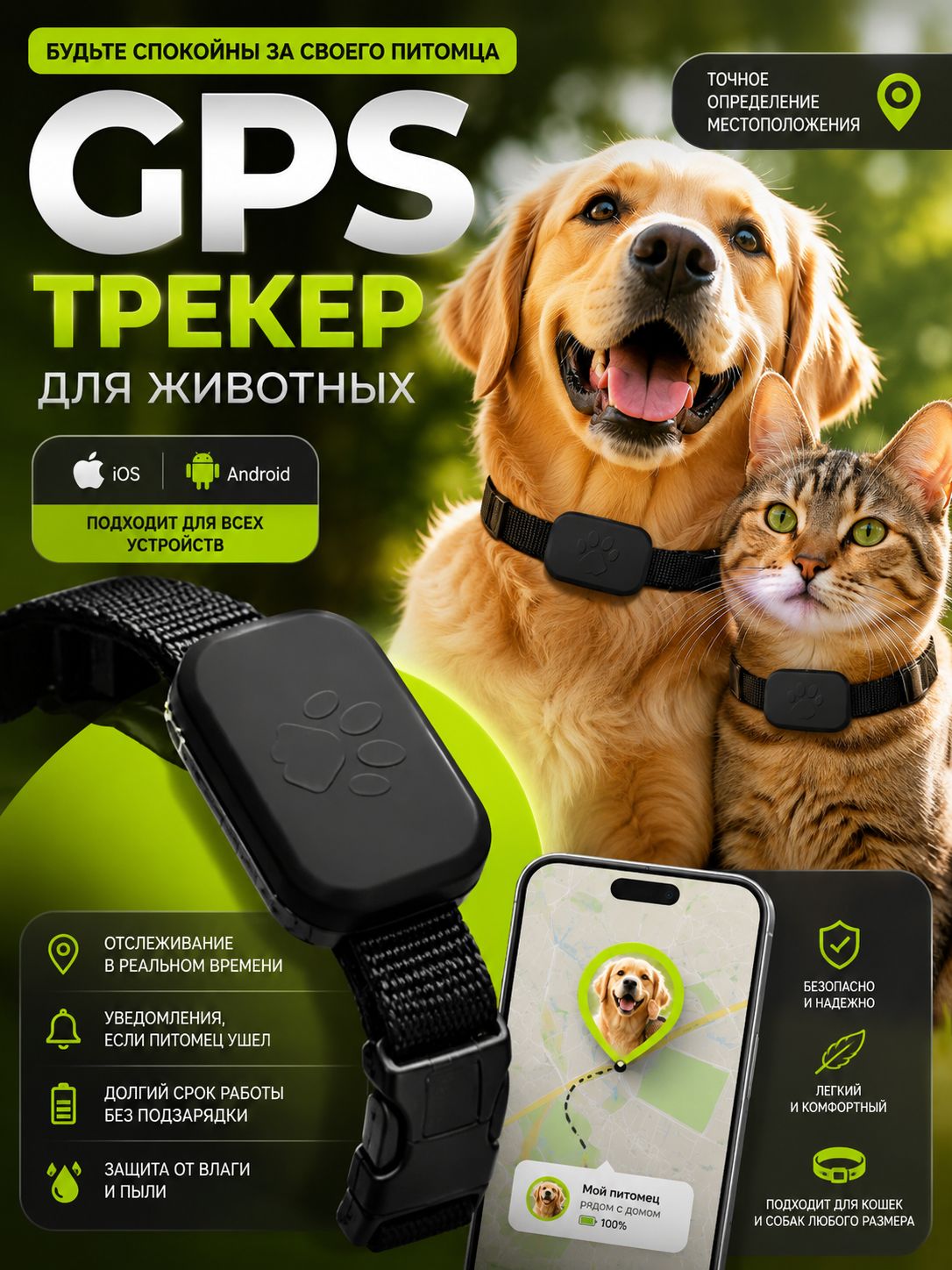 GPS-трекер для собак и кошек / Умный Bluetooth-трекер без SIM-карты