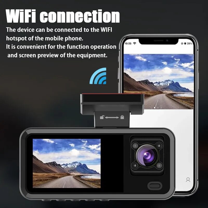 Автомобильный видеорегистратор с Wi-Fi, 3 камеры (передняя + салон), Full HD 1080p, модель A15