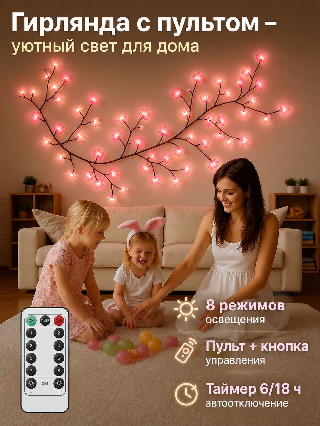 Дерево светодиодное, гирлянда дерево сакуры 160 см с пультом, 48 LED, 8 режимов освещения - декоративный светильник для дома, стены, окна и рождественского декора
