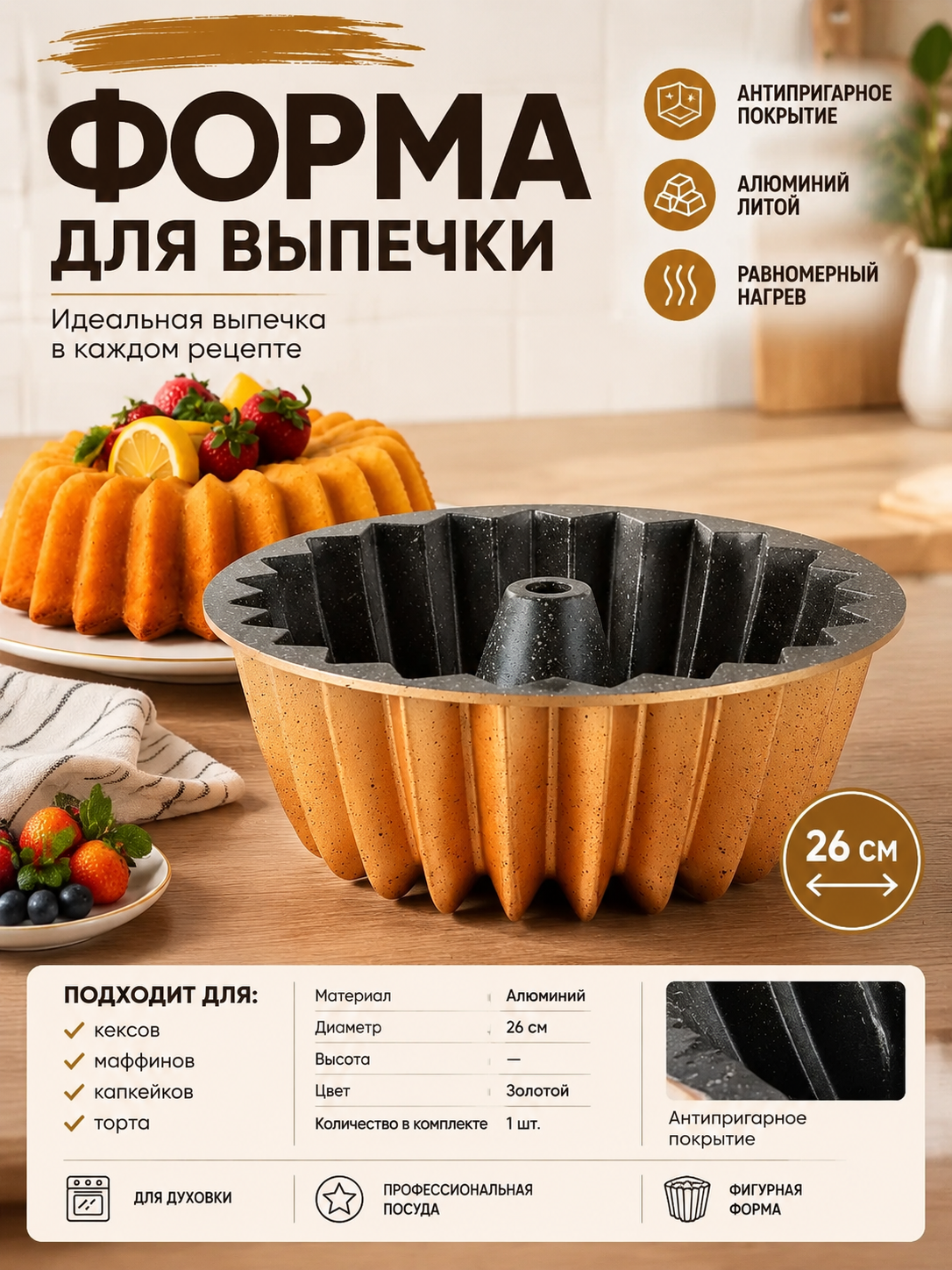 Фигурная алюминиевая форма для выпечки 26 см с антипригарным покрытием