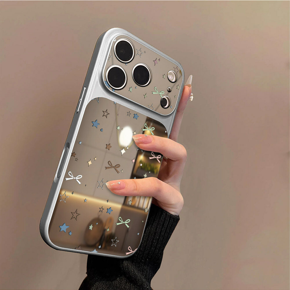 Оригинальный зеркальный чехол для Apple iPhone 14 Pro Max с узором звезда и бант Серебристый 01FYJM4251