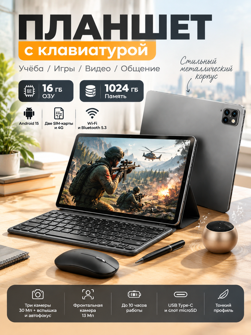 Планшет детский с клавиатурой, 1024 ГБ, 16 ГБ ОЗУ, 4G, IPS, Android 15, мышь, стилус, колонка