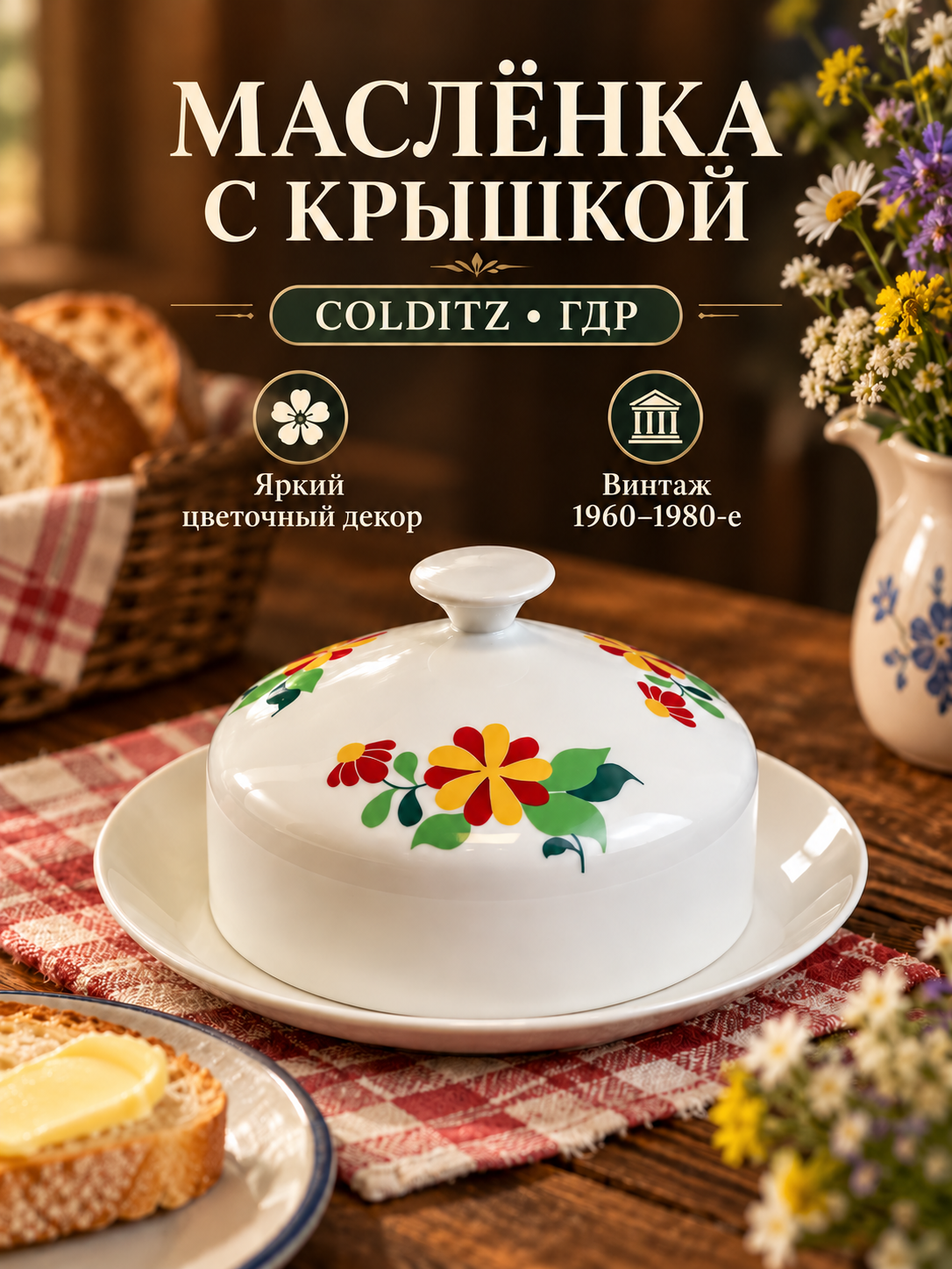 Масленка с крышкой фарфоровая, яркие цветочные узоры, Colditz GDR, Кольдиц ГДР винтаж 1960-1980 гг