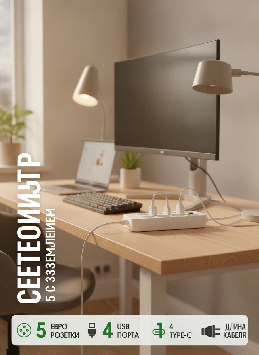 Удлинитель сетевой фильтр 5 розеток 4 USB Type-C заземление кабель 2м белый, Мощность 2500 Вт, Корпус ABS пластик