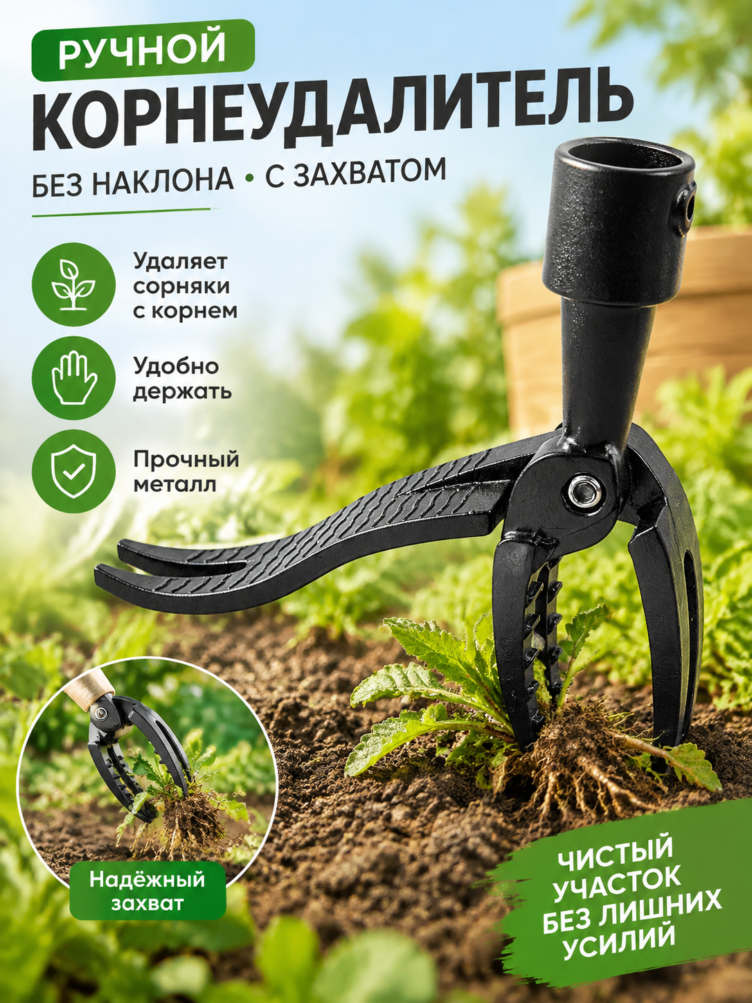 Ручной корнеудалитель с захватом, пропольник для сорняков без наклона, садовый инструмент с зажимом