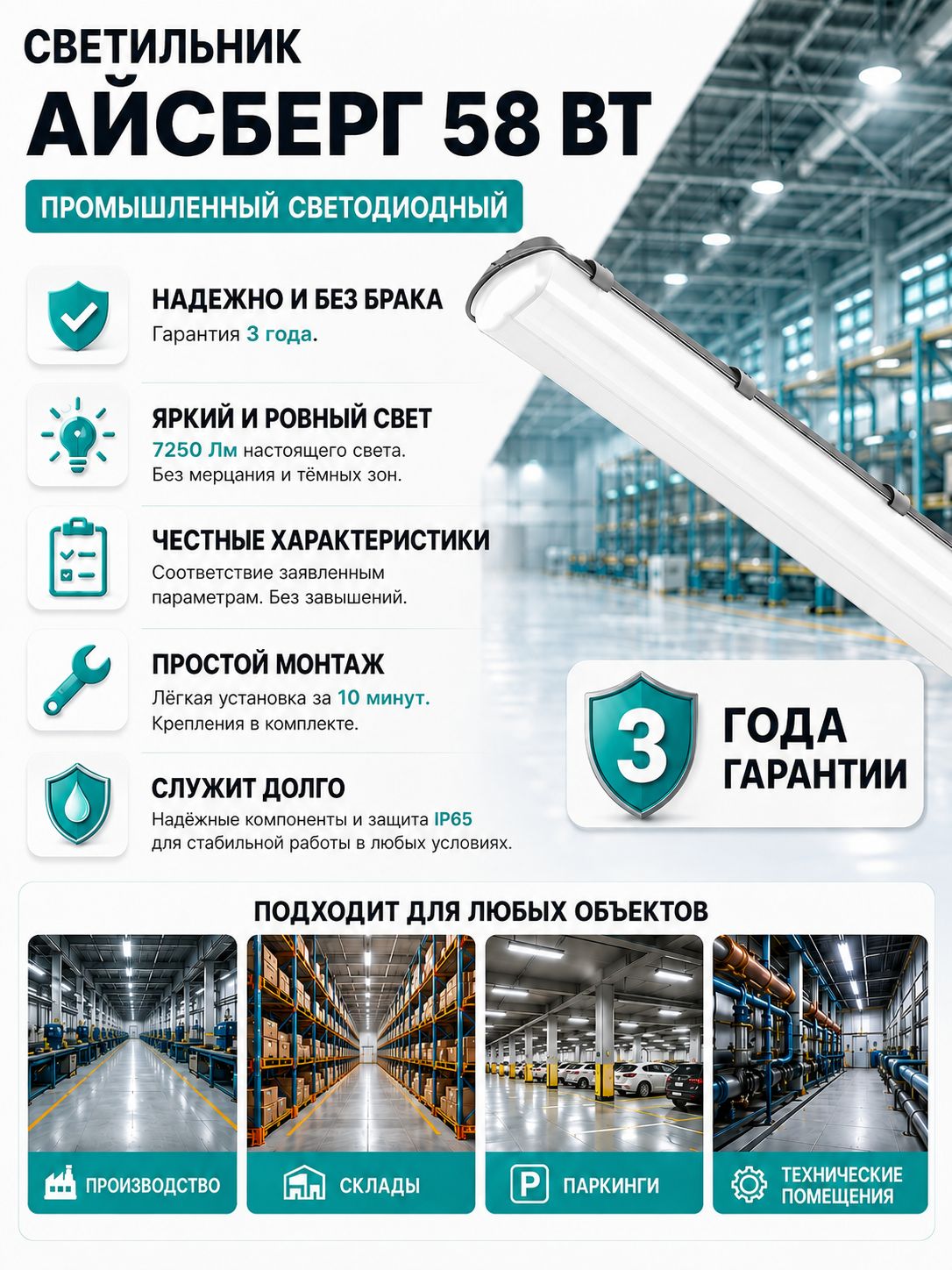 Промышленный светодиодный светильник Aйcбeрг 58Bт, 7250Lm, 6000К, IP65, Опал, потолочный/настенный