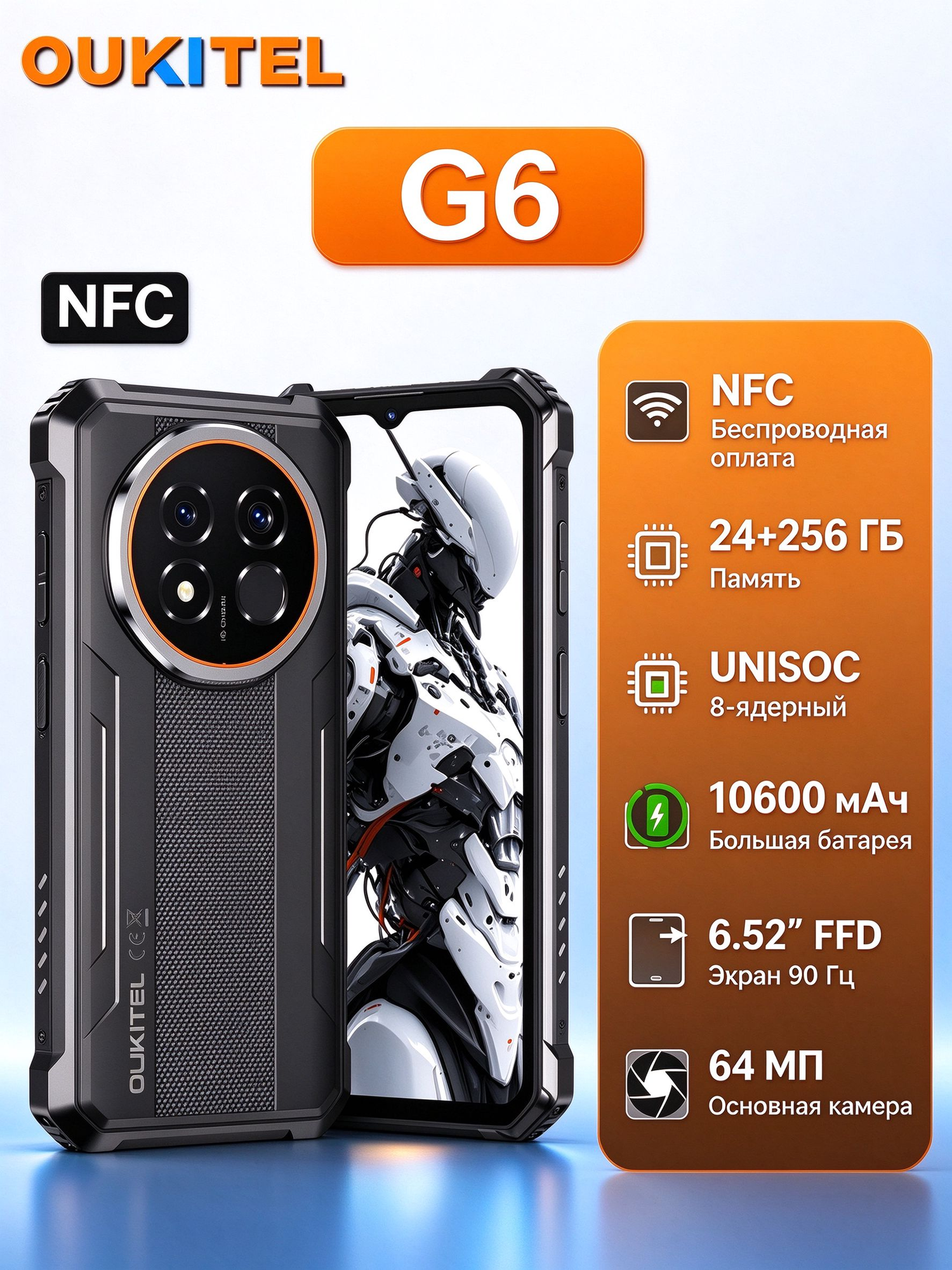 G6 Защищенный смартфон Android 16, NFC, 2 SIM, ОЗУ 24 ГБ (8+16), ПЗУ 256 ГБ, аккумулятор 10600 мАч,