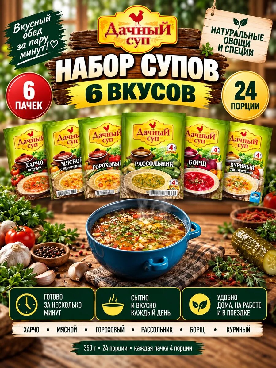 Набор супов 6 вкусов 350г харчо мясной гороховый рассольник — супы быстрого приготовления