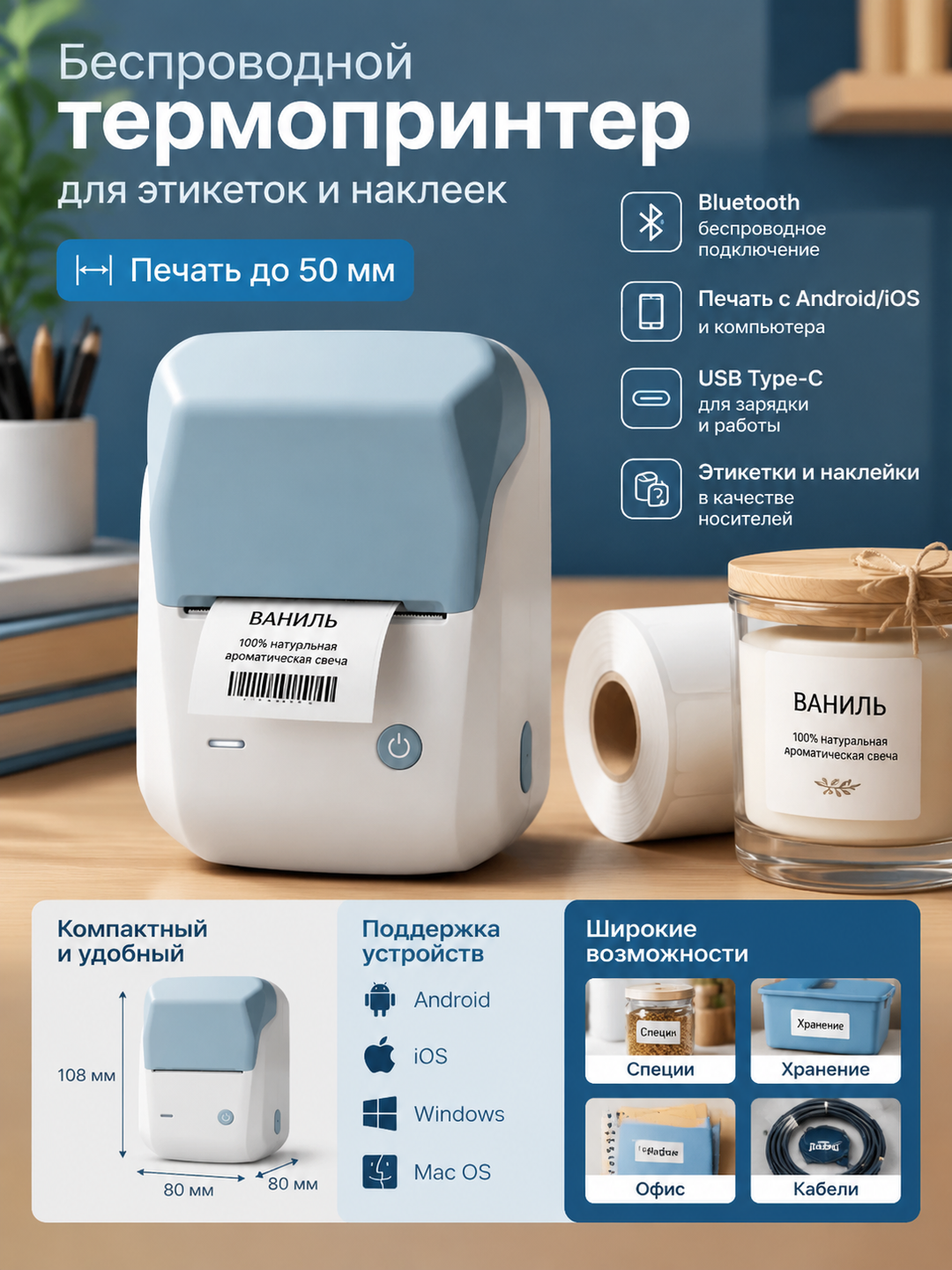 Беспроводной термопринтер для этикеток и наклеек, Bluetooth, ширина печати до 50 мм