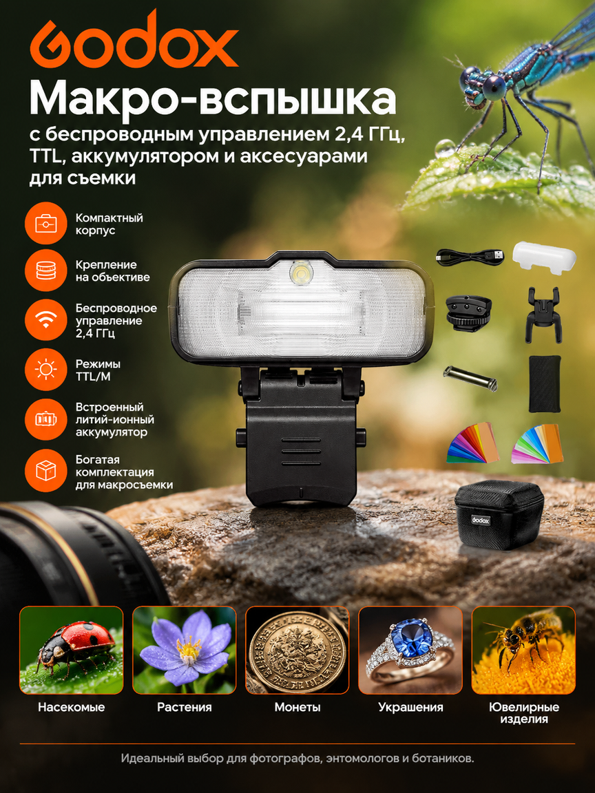 Макро-вспышка с беспроводным управлением 2,4 ГГц, TTL, аккумулятором и аксессуарами для съемки