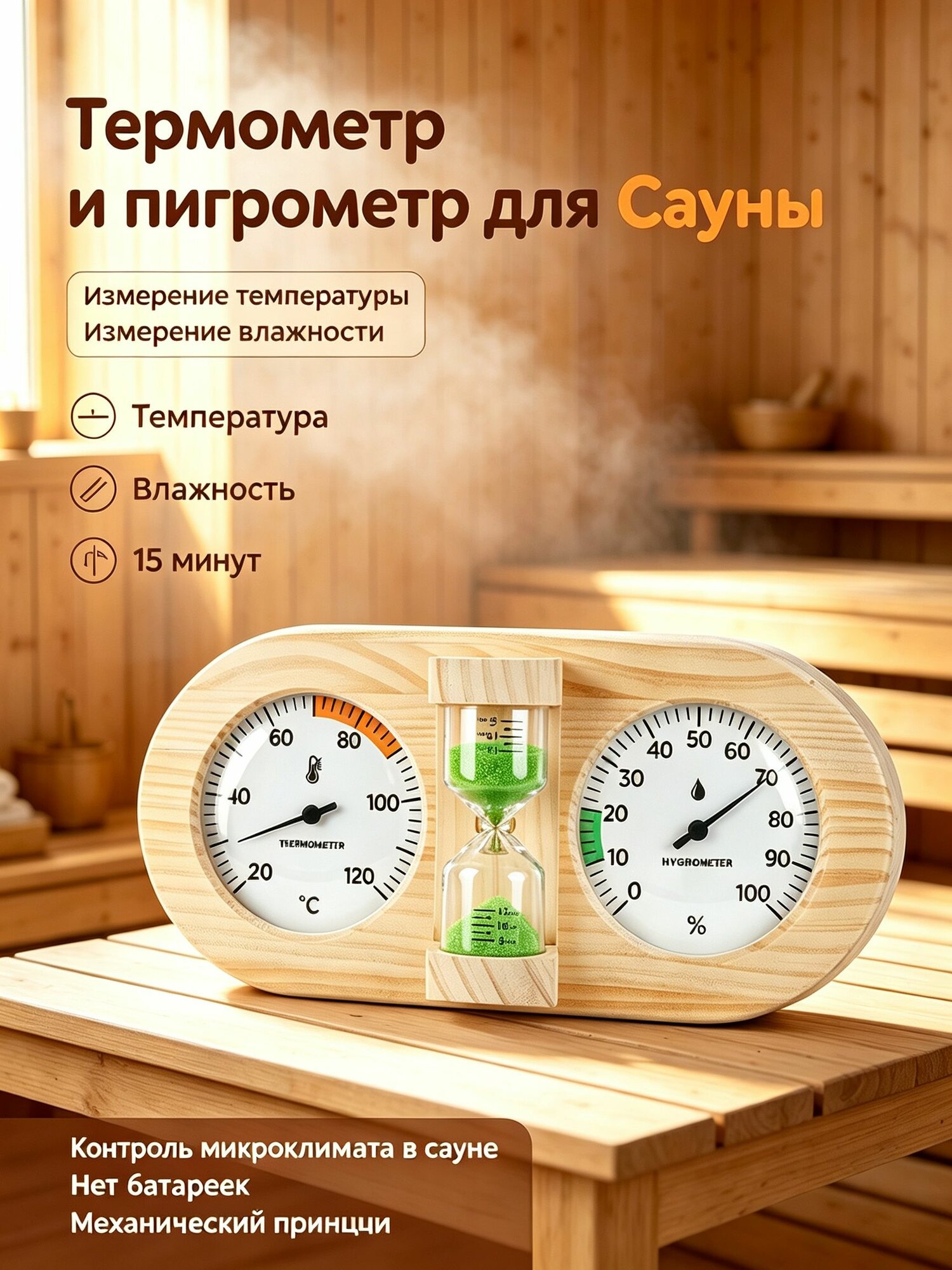 Термометр-гигрометр для бани и сауны с песочными часами, деревянный, термометр парилки