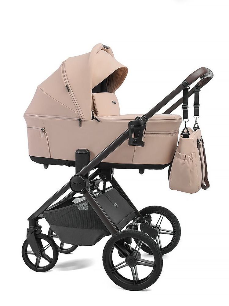 Коляска для новорожденных 2в1 Peppy Soho Rose, складная люлька, рама серо-бежевый