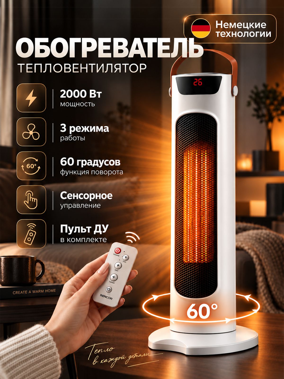 Обогреватель для дома электрический 2000Вт / тепловентилятор