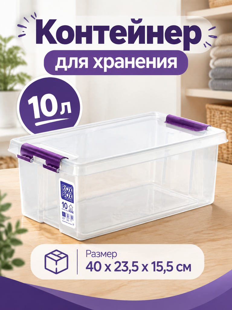 Контейнер пластиковый для хранения RoxBox HOME с крышкой, 10л, 40 х 23,5 х 15,5 см, прозрачный